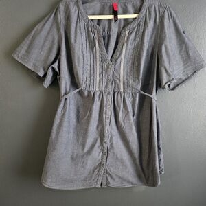 Pure Energy Peasant Blue Button-Front 3X Pintuck Roll Tab Sleeve Blouse Y2K